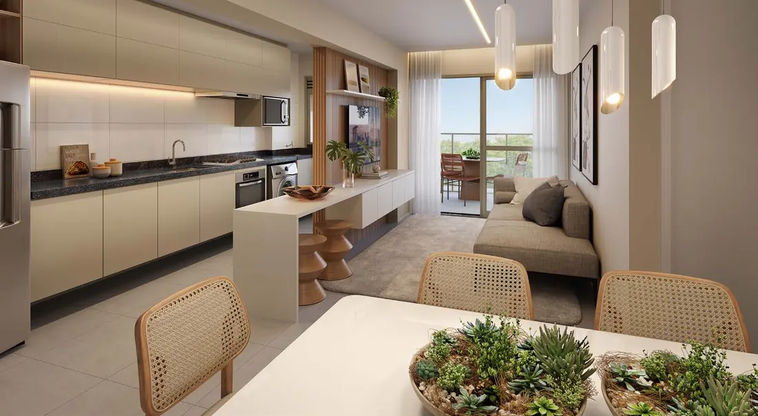 Sala e cozinha integradas de apartamento do Dom Park Residencial, com bancada e varanda ao fundo